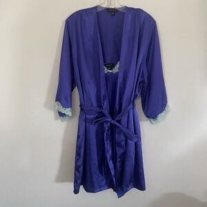 JNY Satin & Lace Chemise Slip‎ Dress Nightgown & Robe Set Sm/Med Purple Sexy EUC